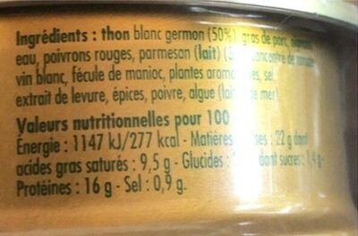 Tartinable de thon a la parmesane - Nutrition facts - fr