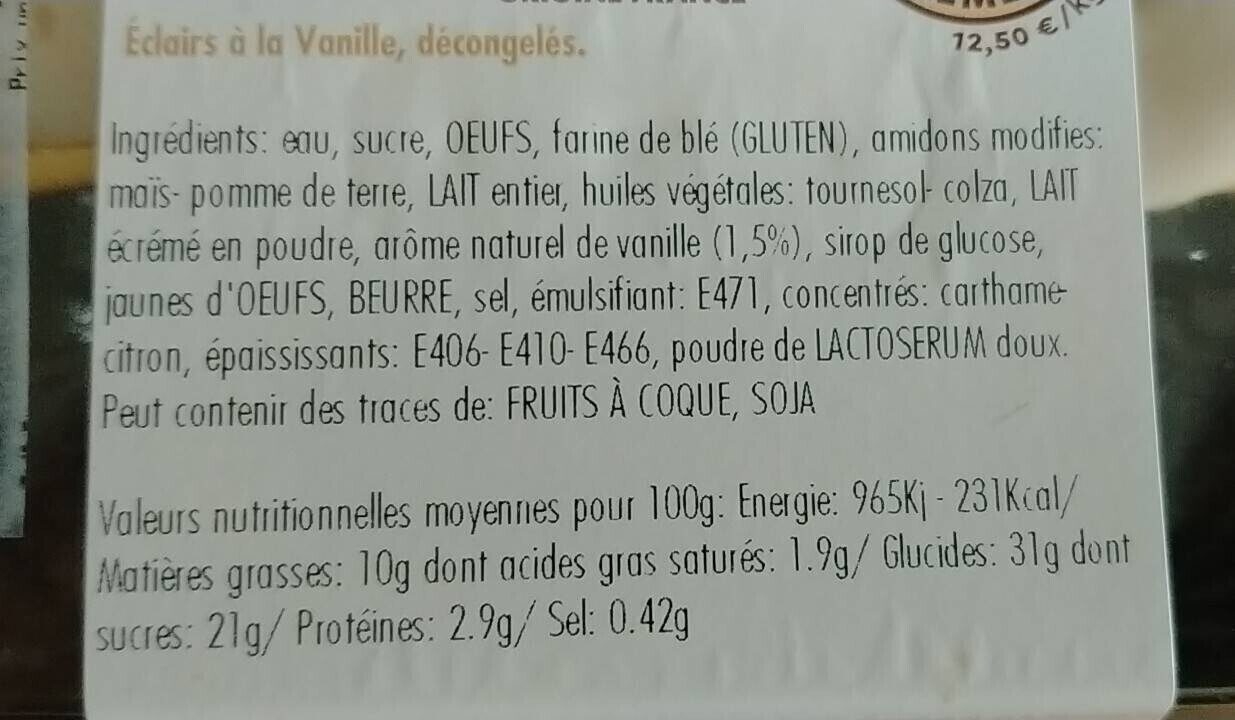 Éclairs à la vanille - Nutrition facts - fr