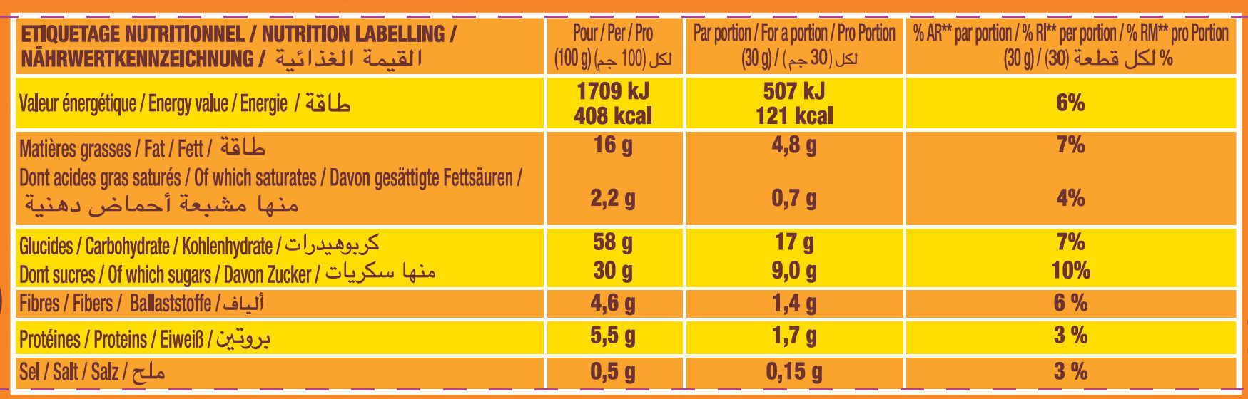 Lt2 p'tit savane rigolo chocolat 150g - Tableau nutritionnel