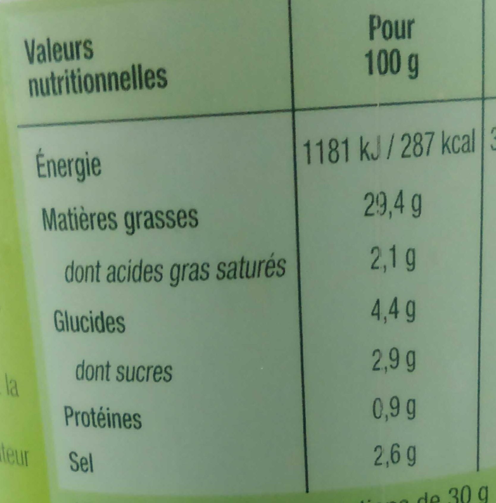 Sauce Crudités Nature - Nutrition facts - fr