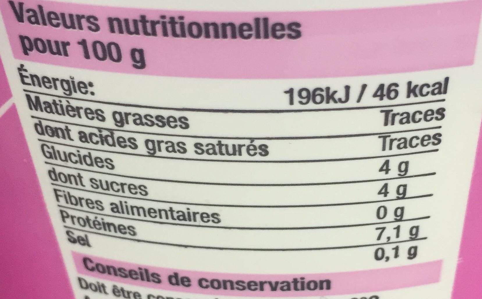 Fromage Blanc Nature Bien Vu, 0%MG, - Tableau nutritionnel