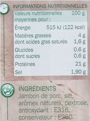 Jambon Supérieur, Sans Couenne (4 Tranches) - Tableau nutritionnel