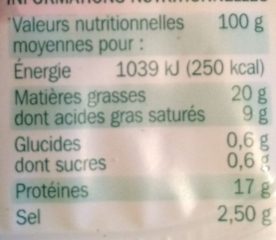 Lardons Nature (+ 10 % Gratuits) - Tableau nutritionnel