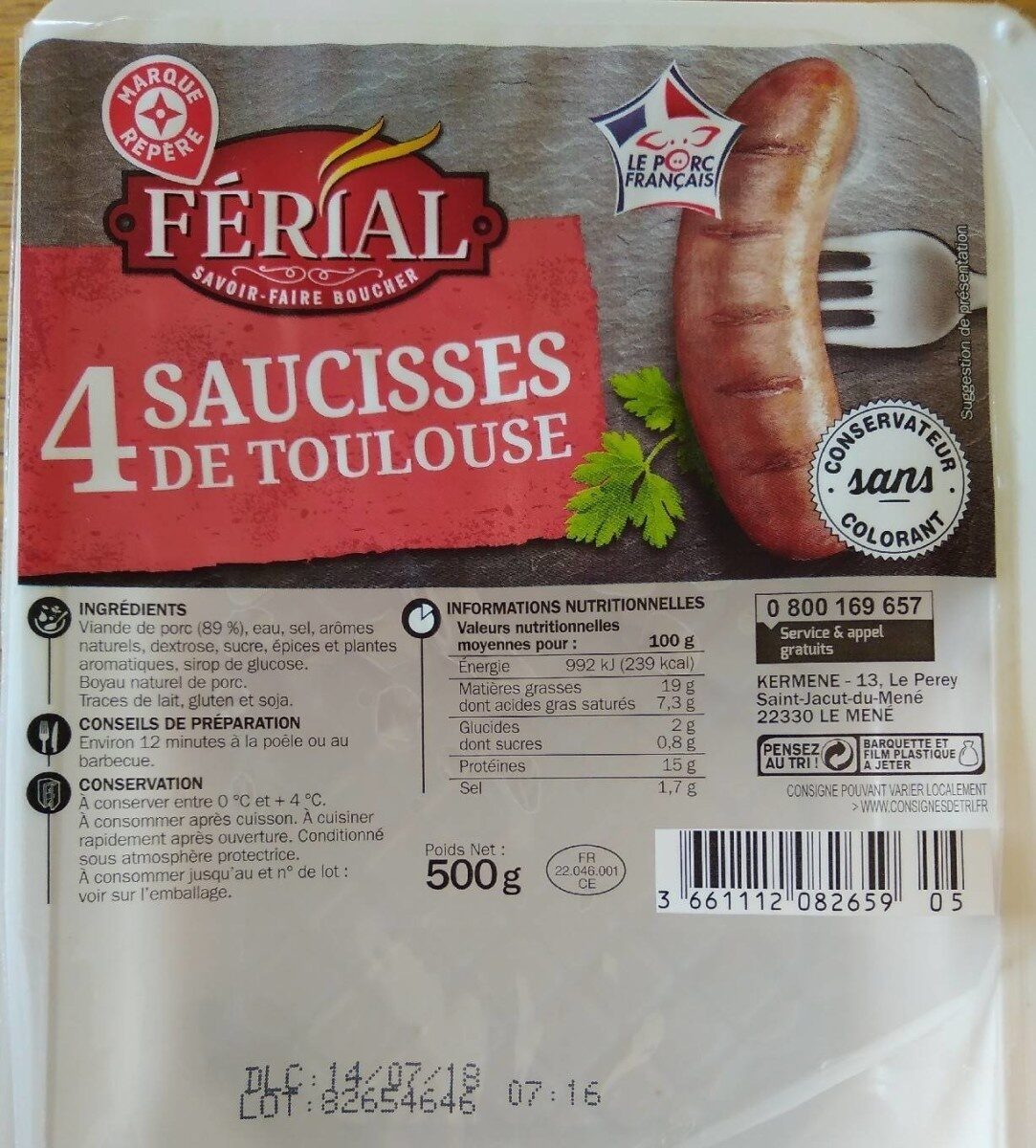 4 Saucisses de Toulouse - Tableau nutritionnel