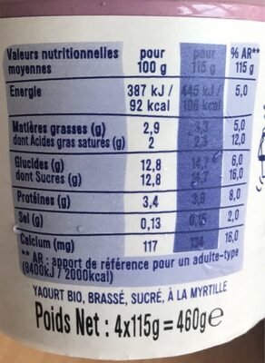 Yaourt saveur myrtille sauvage - Tableau nutritionnel