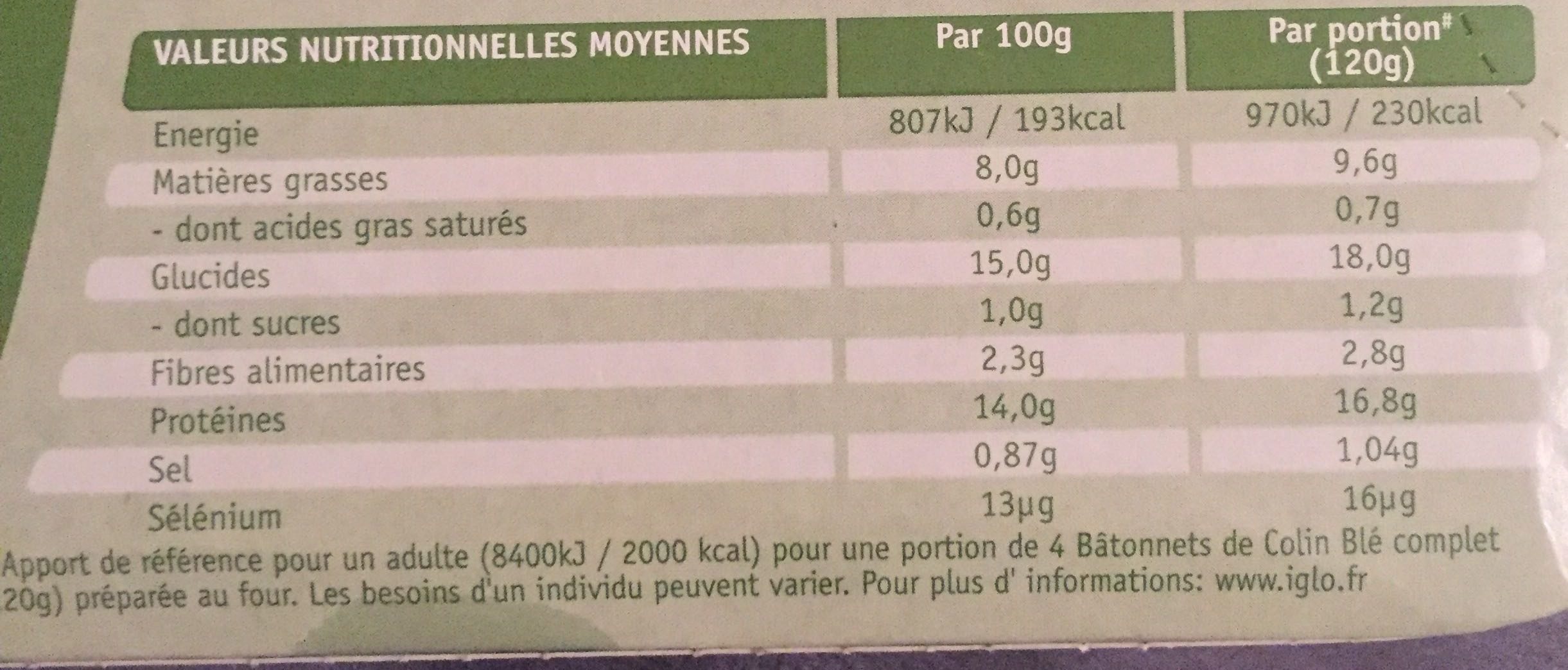 Bâtonnets de Colin - blé complet - Nutrition facts - fr