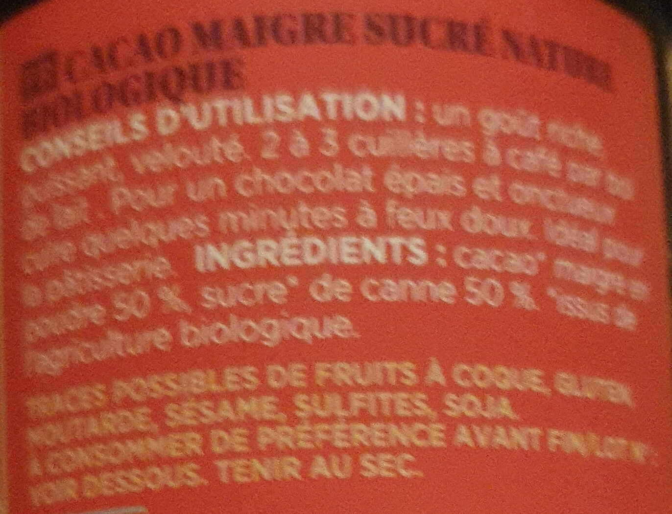 Cacao bio sucré nature - Ingredients - fr