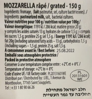 Mozarela rapé - Tableau nutritionnel