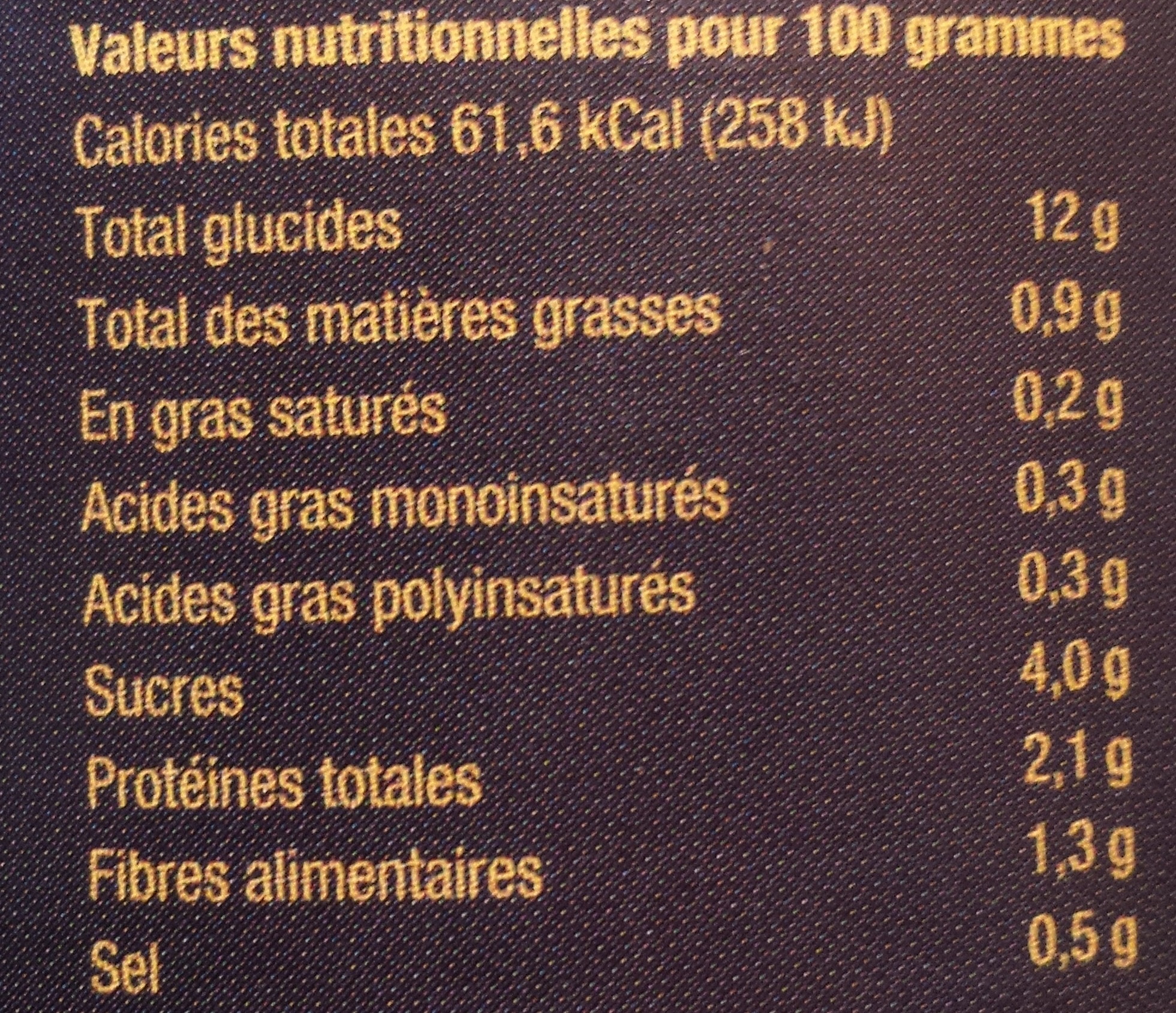Maïs doux bio - Tableau nutritionnel