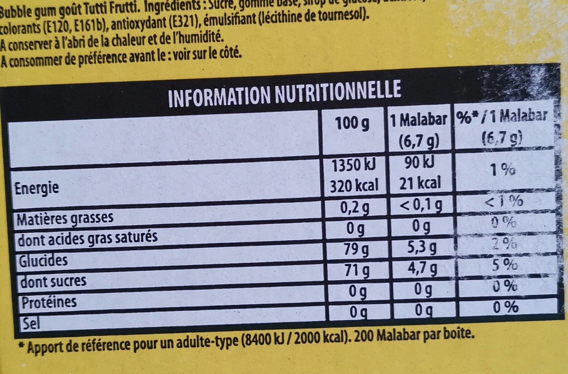 MALABAR Tutti Frutti - Nutrition facts - fr