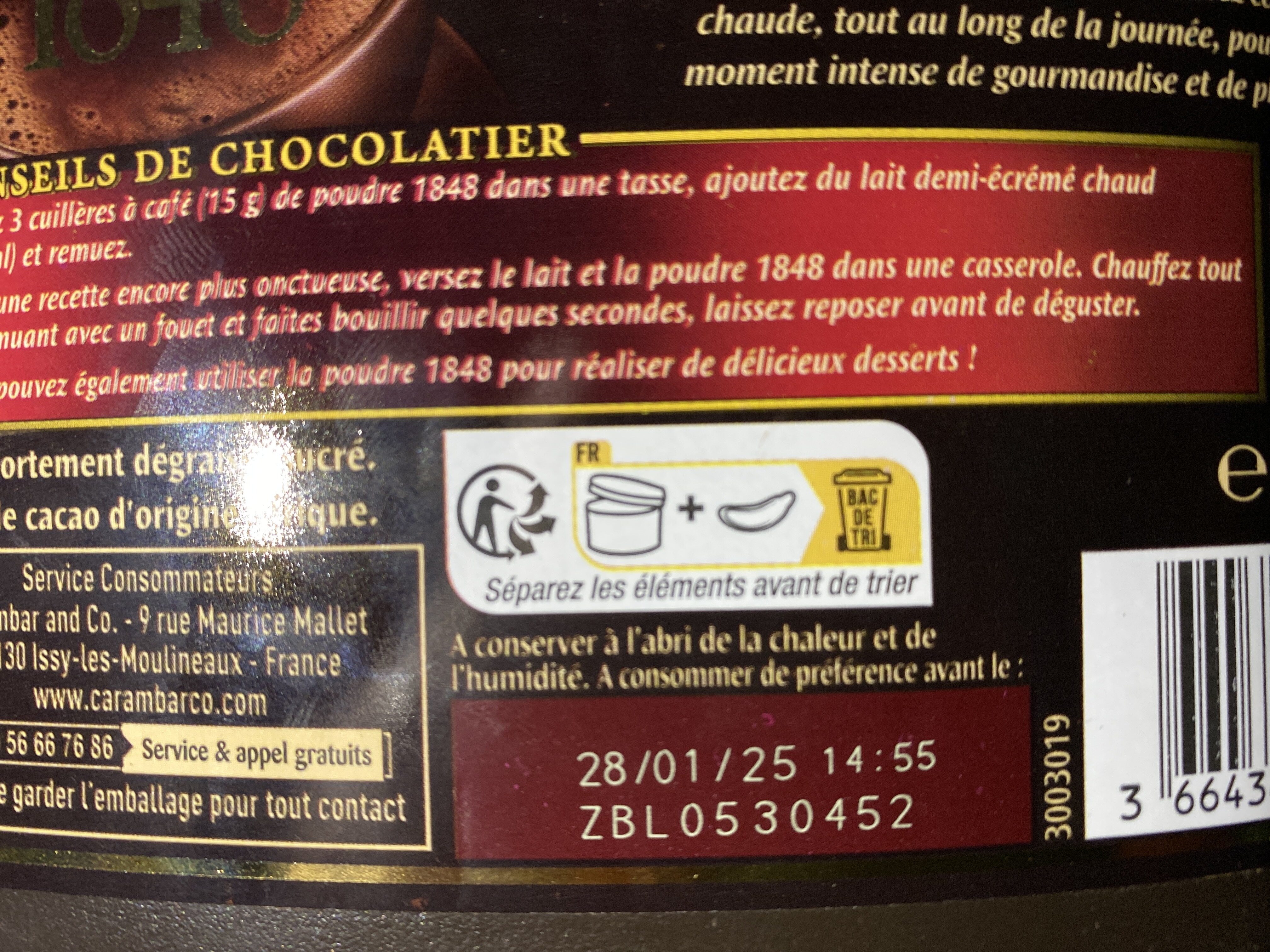 chocolat en poudre - Instruction de recyclage et/ou informations d'emballage