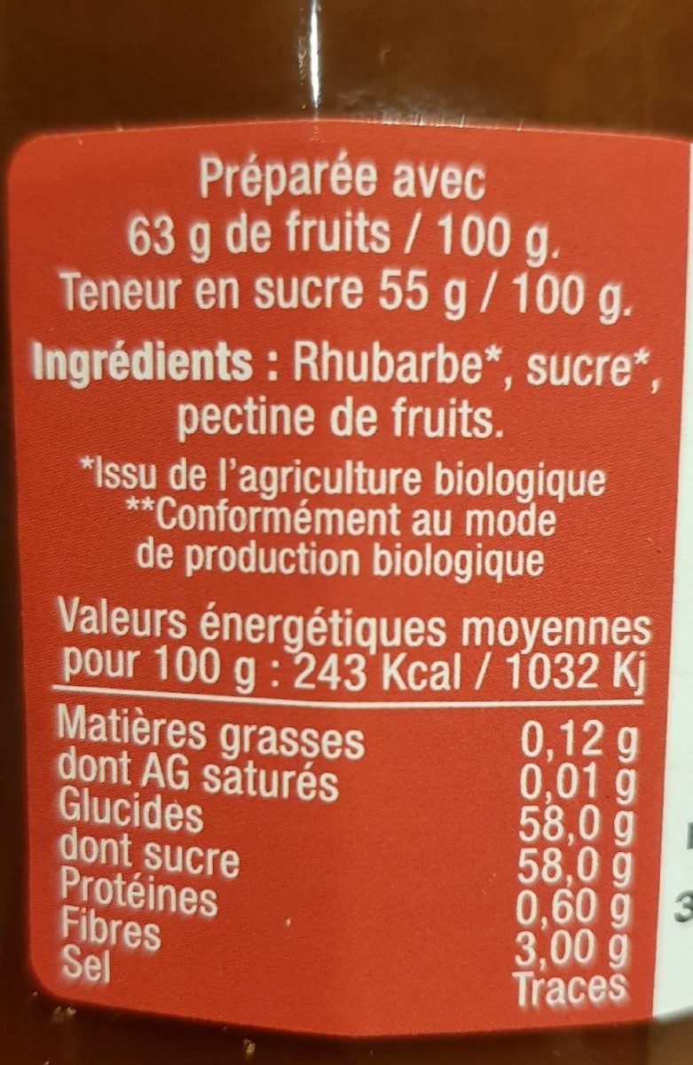 Confiture extra de rhubarbe bio - Ingrediënten - fr