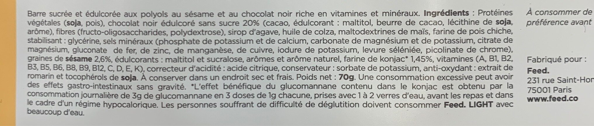 Barre Light Chocolat Sésame - Ingredients - fr