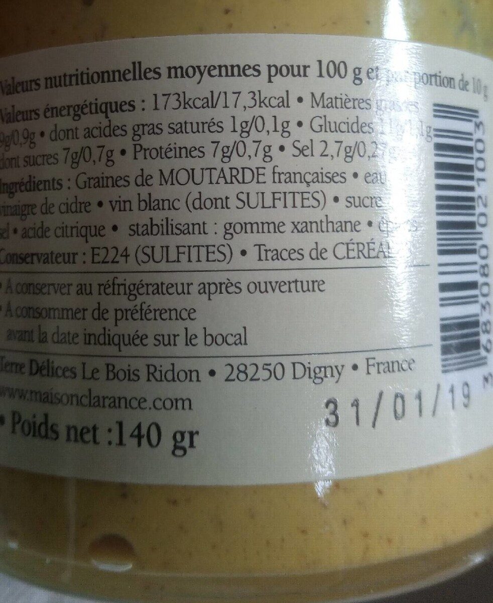 Moutarde tradition d'Eure & loir - Nutrition facts - fr