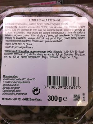 Lentilles à la Paysanne aux oignons grelots - Tableau nutritionnel
