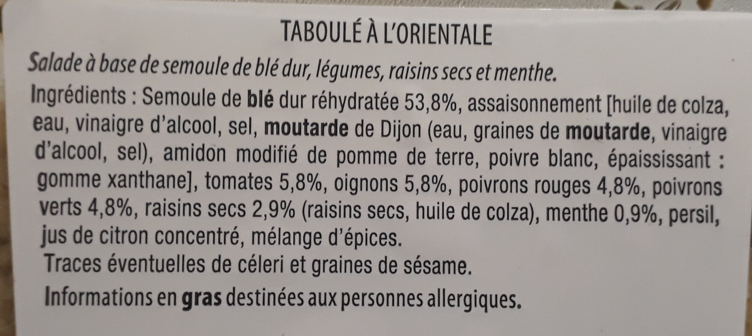 Taboulé a l' orientale - Ingrédients