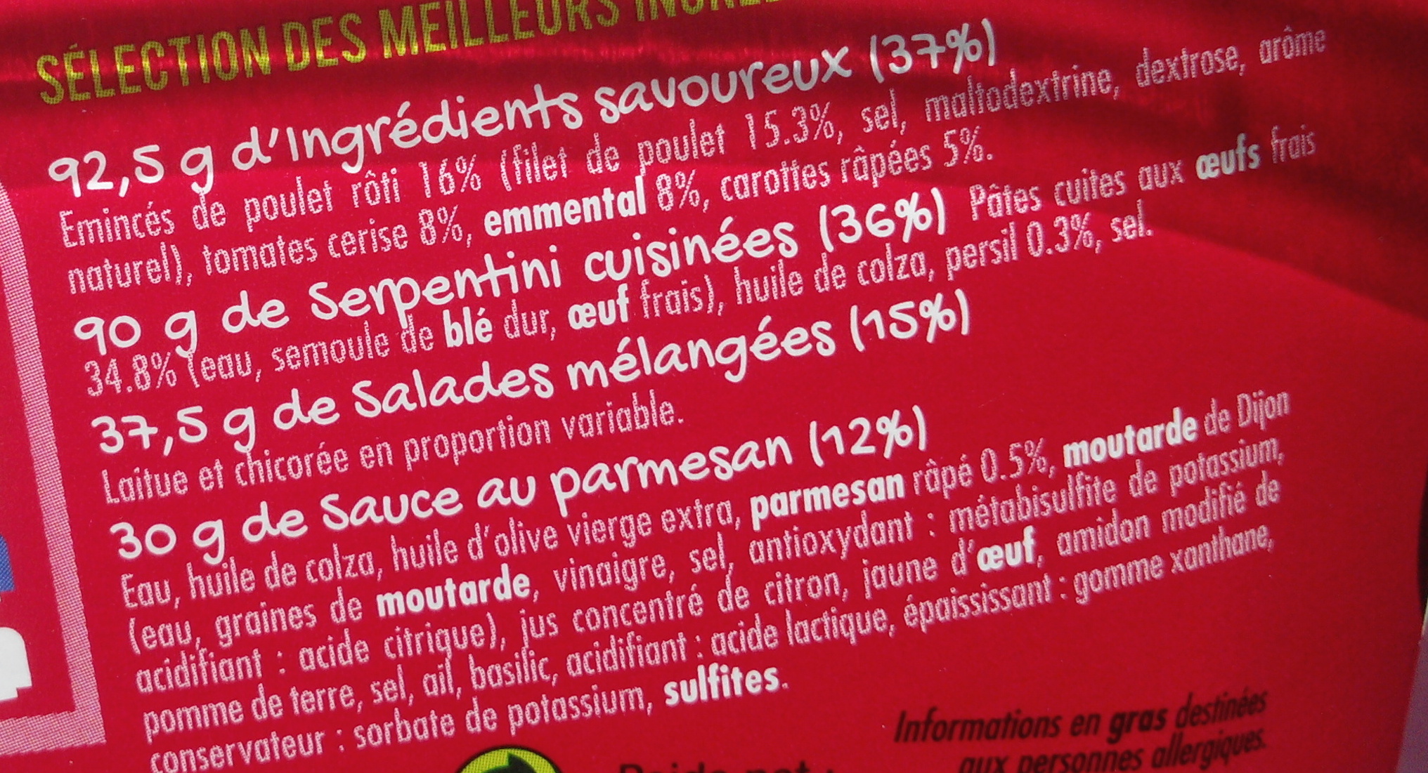 Salade & Serpentini Poulet Emmental Tomates Crudités sauce au parmesan - Ingrediënten - fr