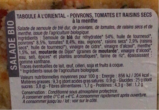 Taboulé à l'orientale - Nutrition facts
