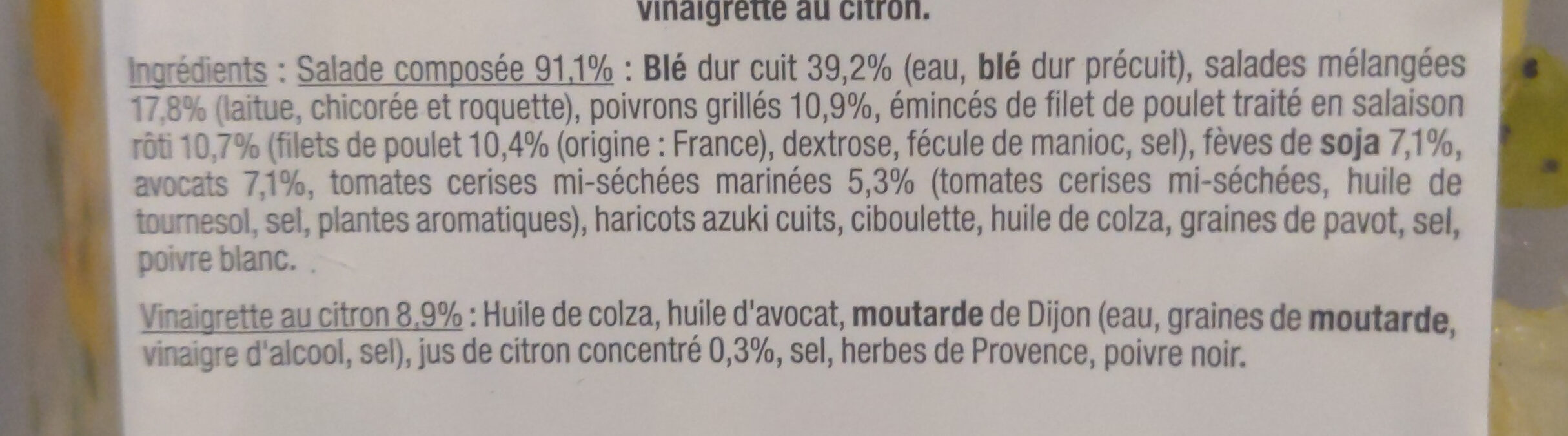 Salade Poulet Avocat fèves de soja et tomates mi-séchées - Ingrediënten - fr