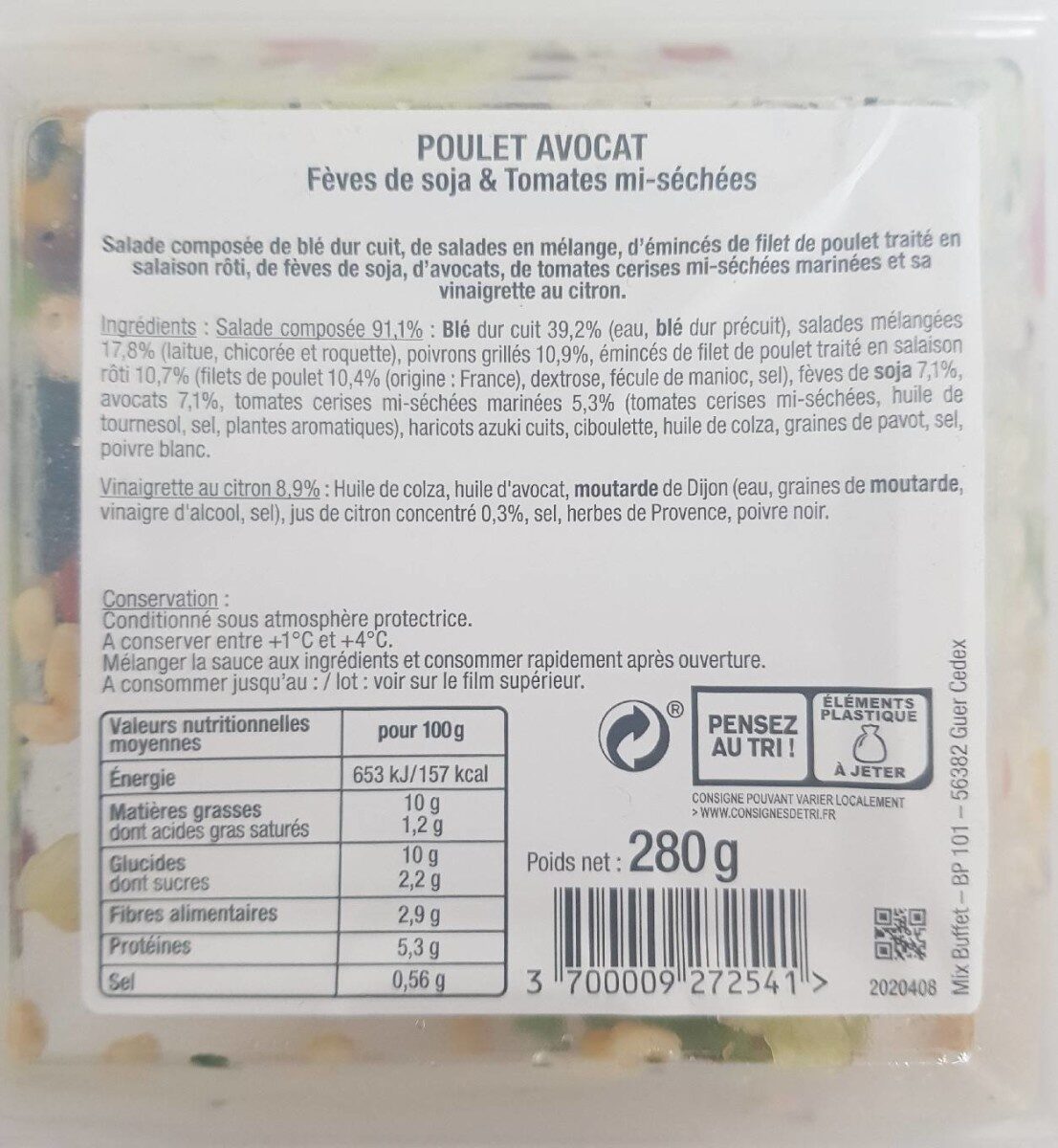 Salade Poulet Avocat fèves de soja et tomates mi-séchées - Voedingswaarden - fr