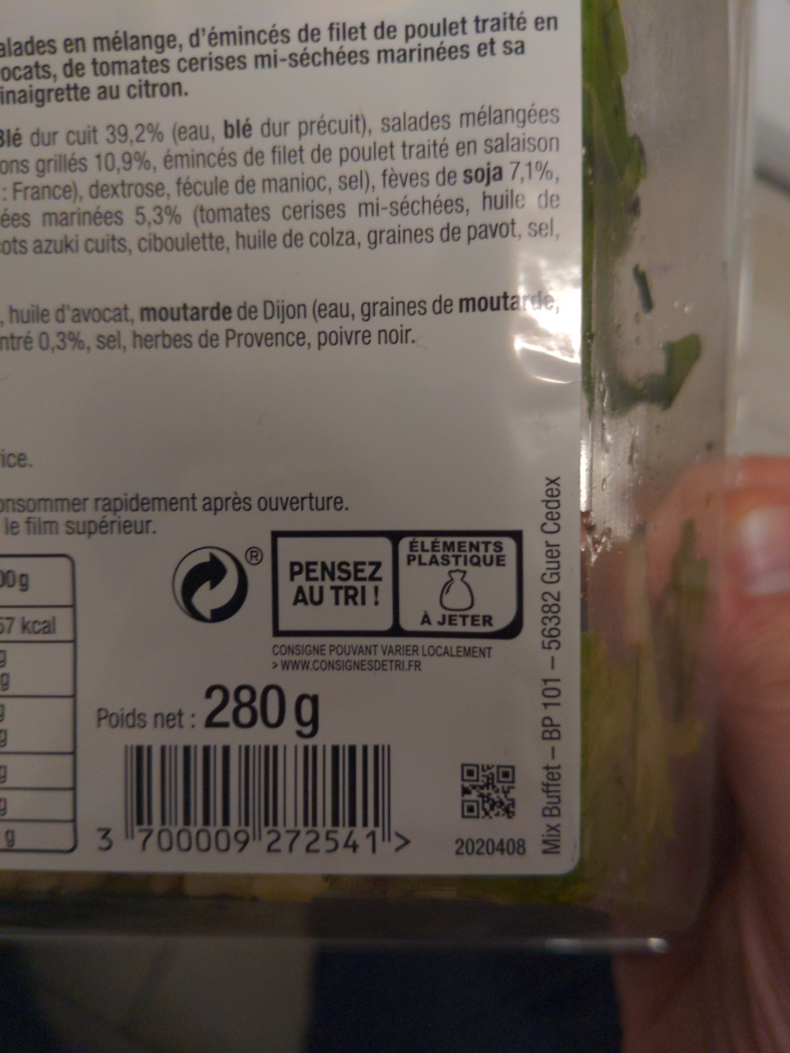 Salade Poulet Avocat fèves de soja et tomates mi-séchées - Recyclinginstructies en / of verpakkingsinformatie - fr