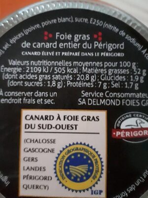 Foie gras de canard entier - Tableau nutritionnel