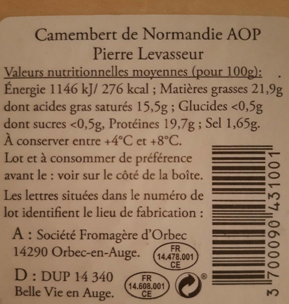 Camembert de Normandie AOP Pierre Levasseur - Voedingswaarden - fr