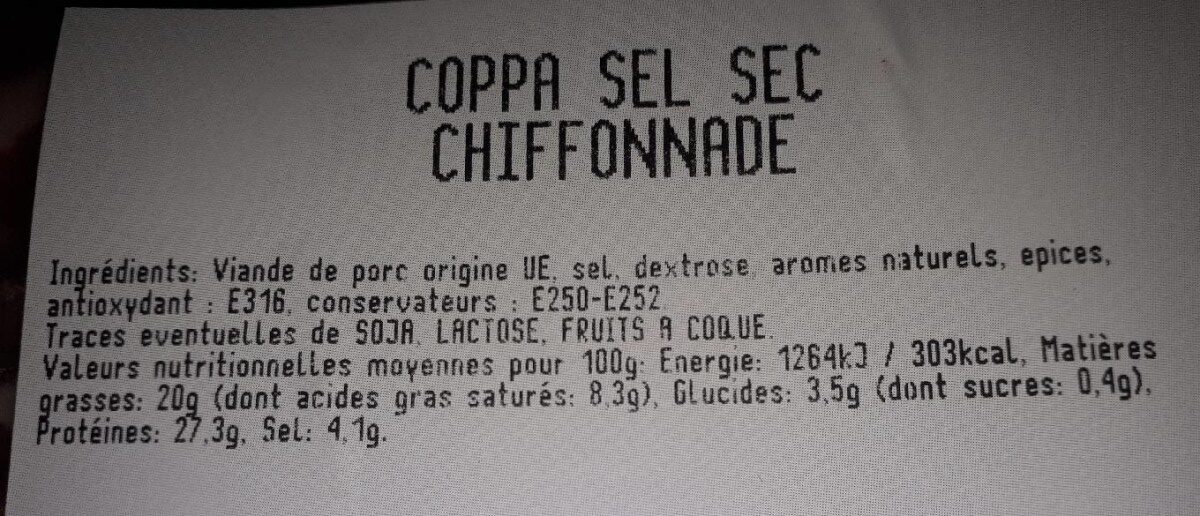 Coppa sel sec chiffonnade - Nutrition facts - fr