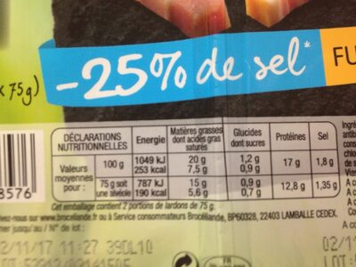 Lardons Bien Élevé fumés taux de sel réduit - Nutrition facts - fr