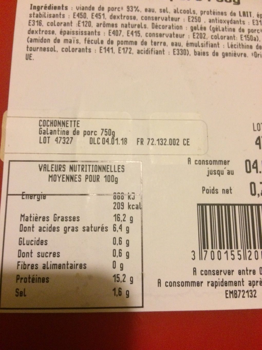 Cochonnette galantine de porc 750g - Nutrition facts - fr