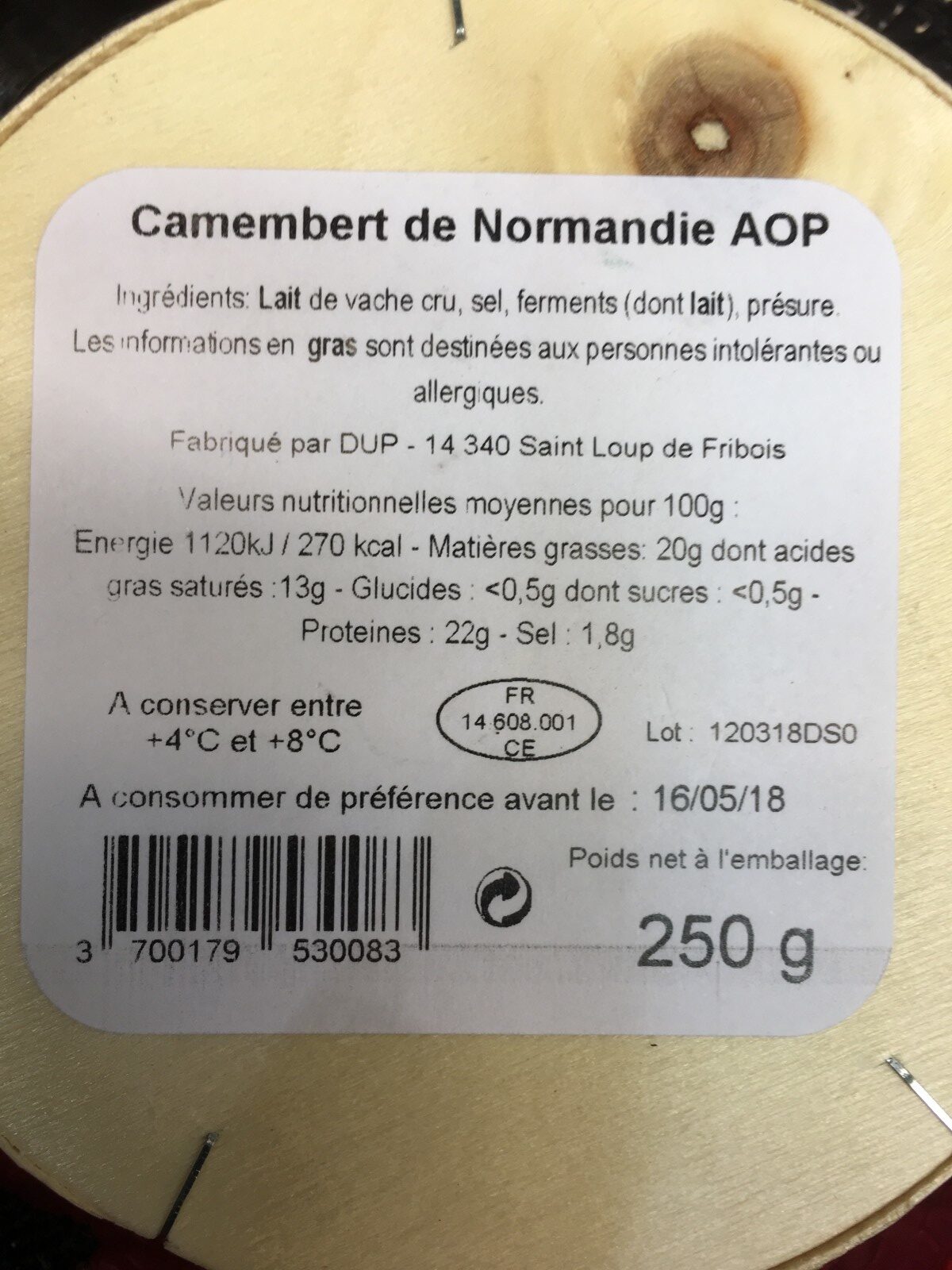 Camembert de Normandie AOP (20% MG) Lait cru - Ingredients - fr