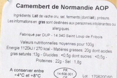 Camembert de Normandie AOP (20% MG) Lait cru - Nutrition facts - fr