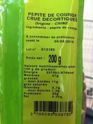 Graines de Courge décortiquées - Nutrition facts - fr