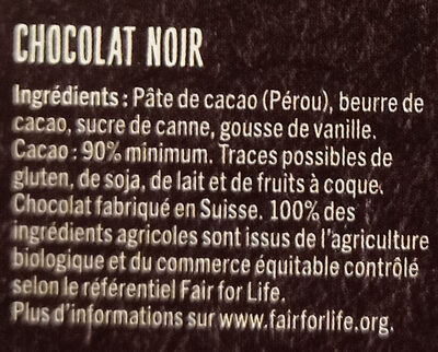 Chocolat noir Pérou 90% - Ingredients - fr