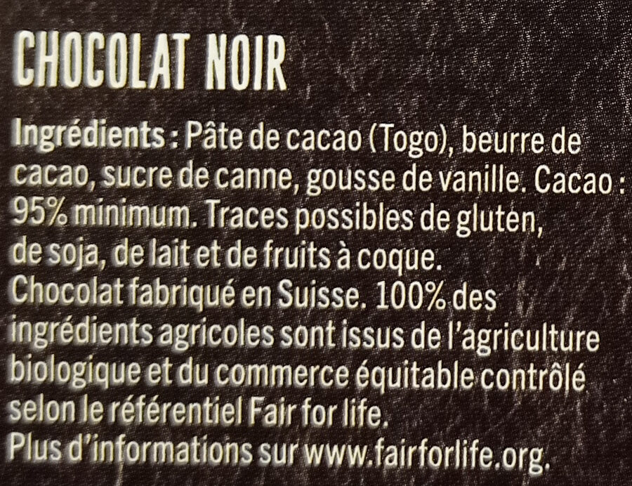 Chocolat Noir 95% Togo - Ingrédients