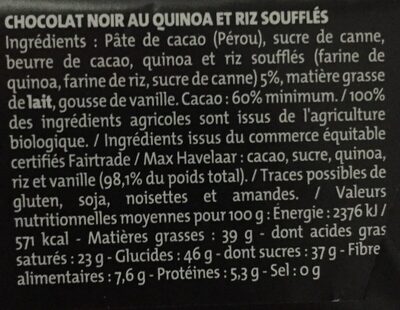 Chocolat noir au quinoa et riz soufflés - Ingrédients