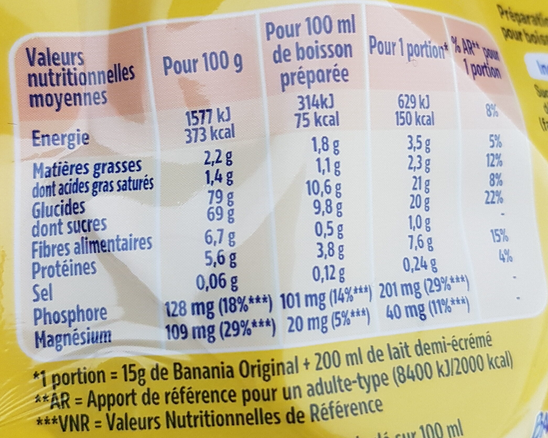 Banania Original - Tableau nutritionnel