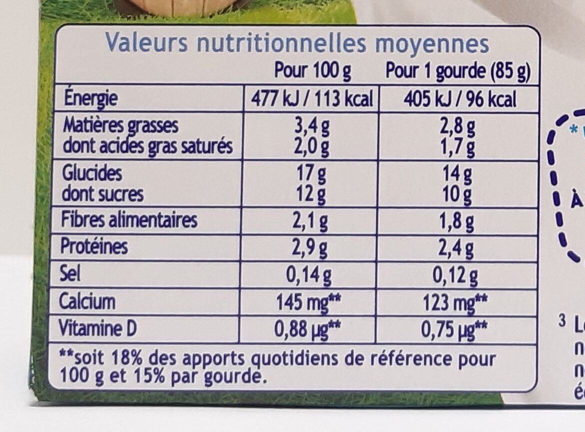 RÉCRÉ O'LÉ Goûter laitier Gourdes Saveur Biscuit 4x85g - Tableau nutritionnel