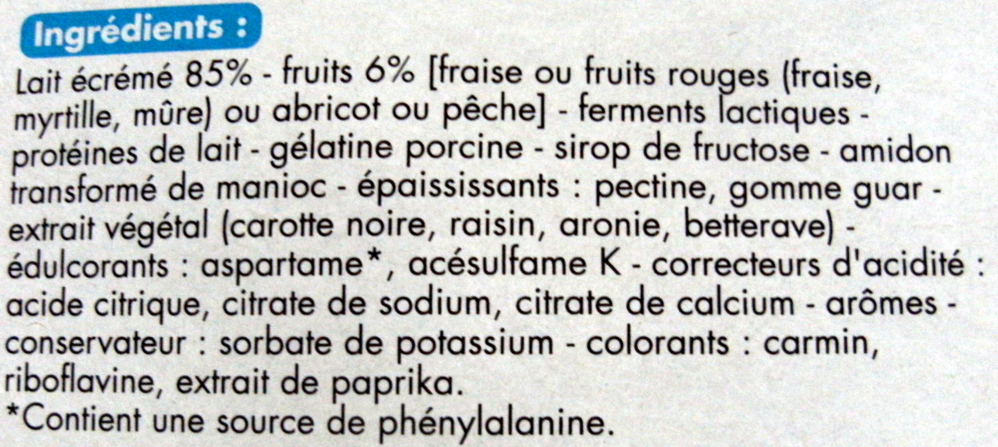 Spécialités laitières aux fruits (0 % MG) Fraise, Fruits rouges, Abricot, Pêche (x 8) - Ingredients - fr
