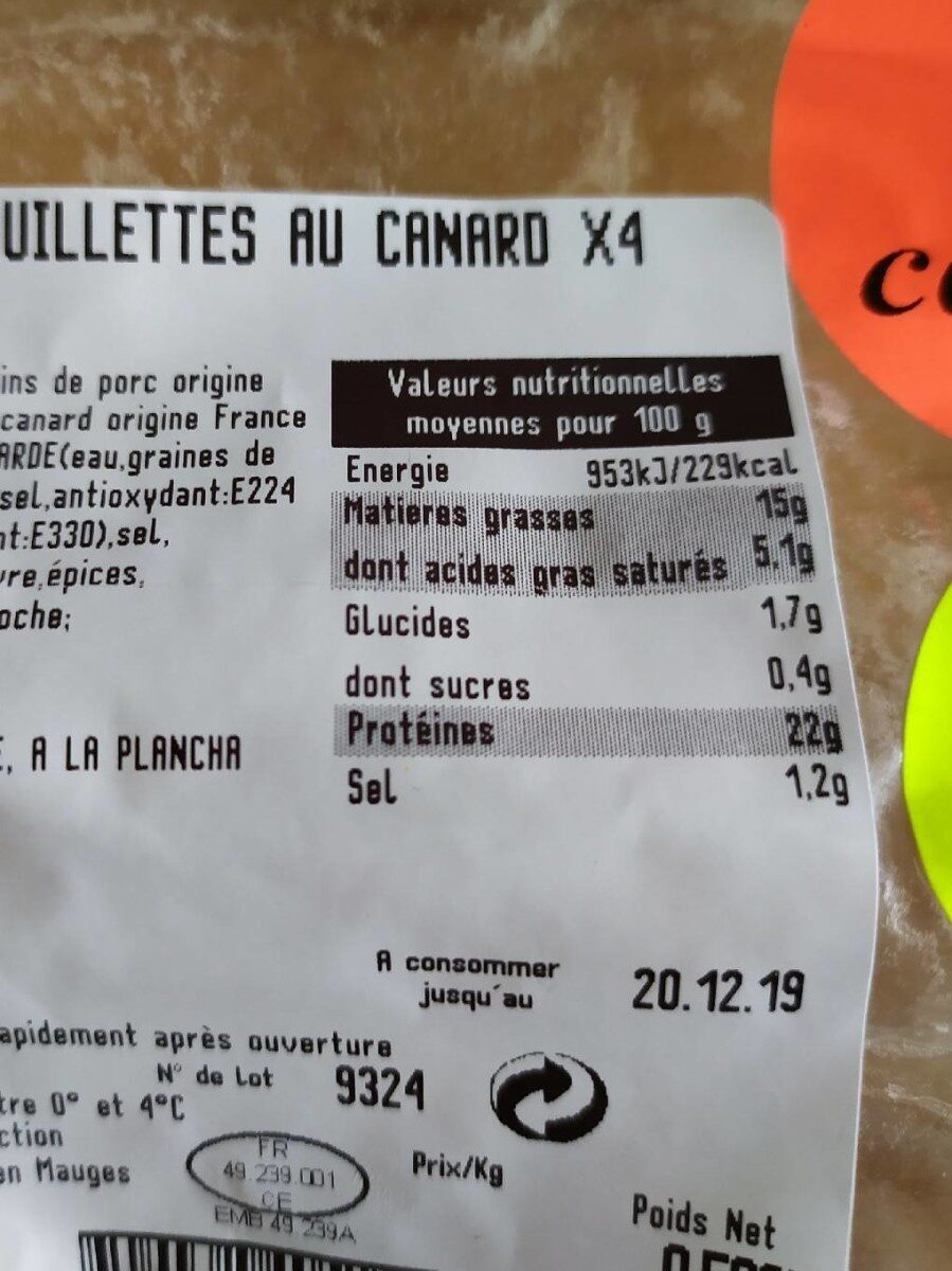 Andouillettes au canard - Información nutricional - fr