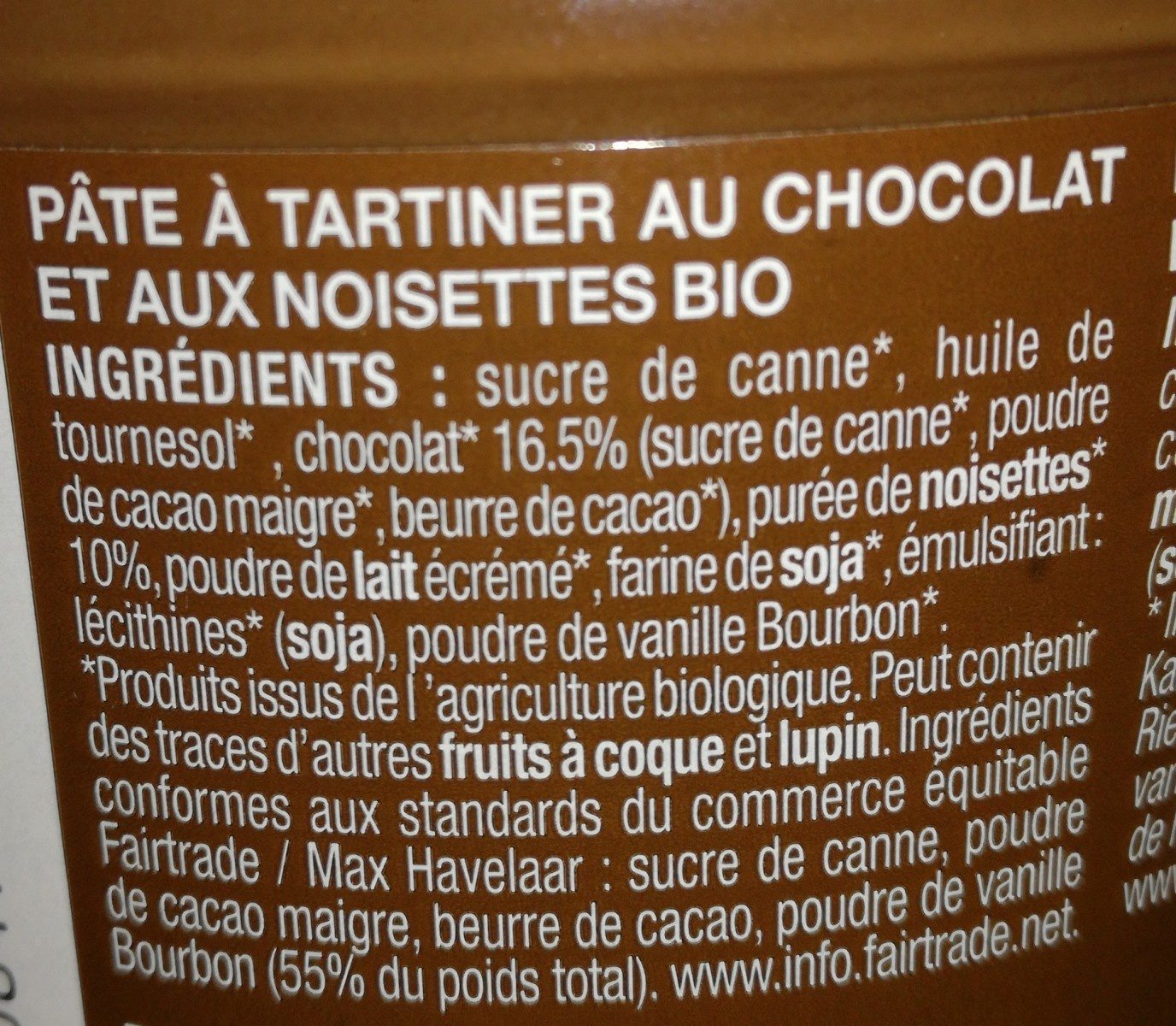 Pate à tartiner chocolat noisette équitable bio - Zutaten - fr