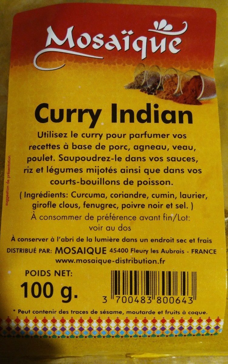 Curry Indian - Tableau nutritionnel