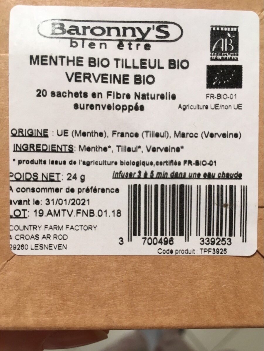 Tisane Menthe Tilleul Verveine Bio - Ingredients - fr