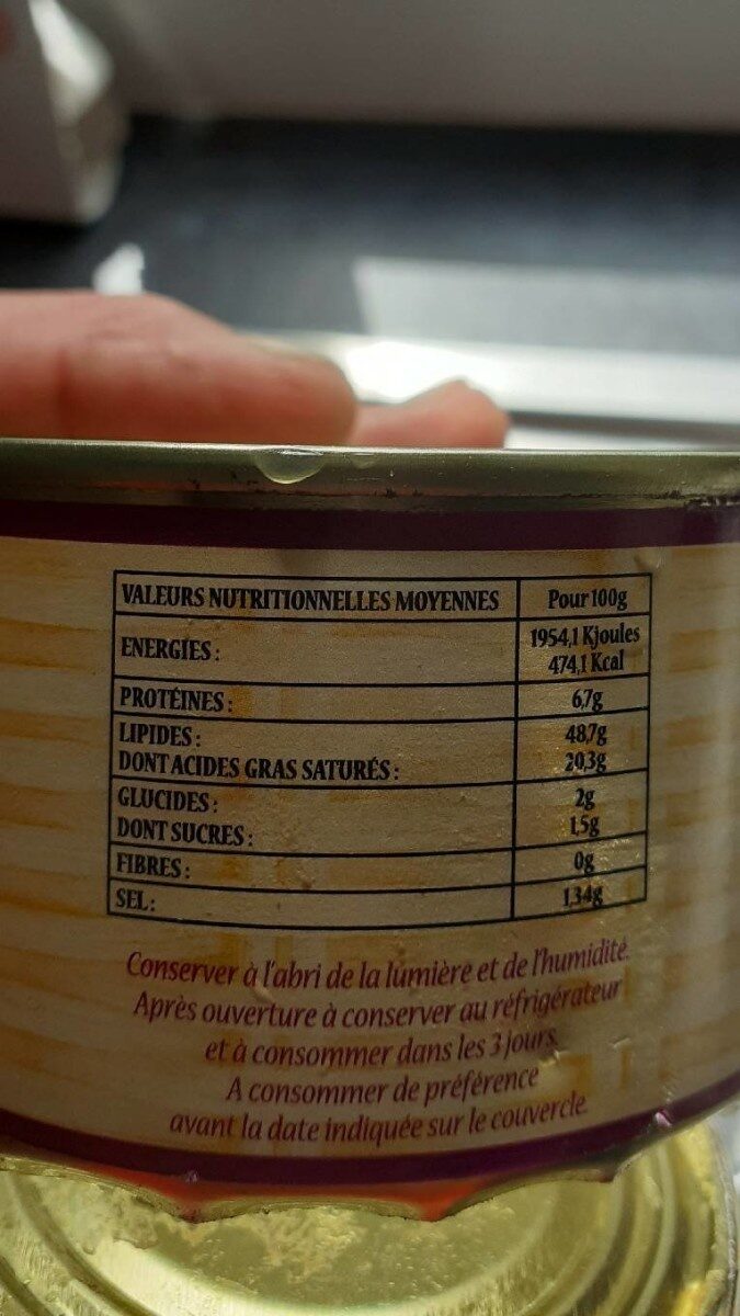 Le bloc de foie gras de canard - Tableau nutritionnel