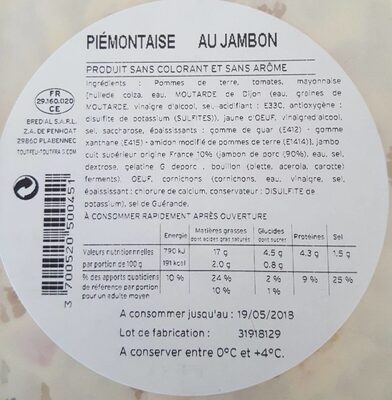 Piémontaise au jambon - Nutrition facts - fr