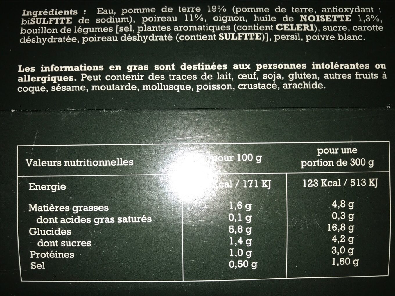 Soupe poireau, pomme de terre, & huile de noisette - Nutrition facts - fr