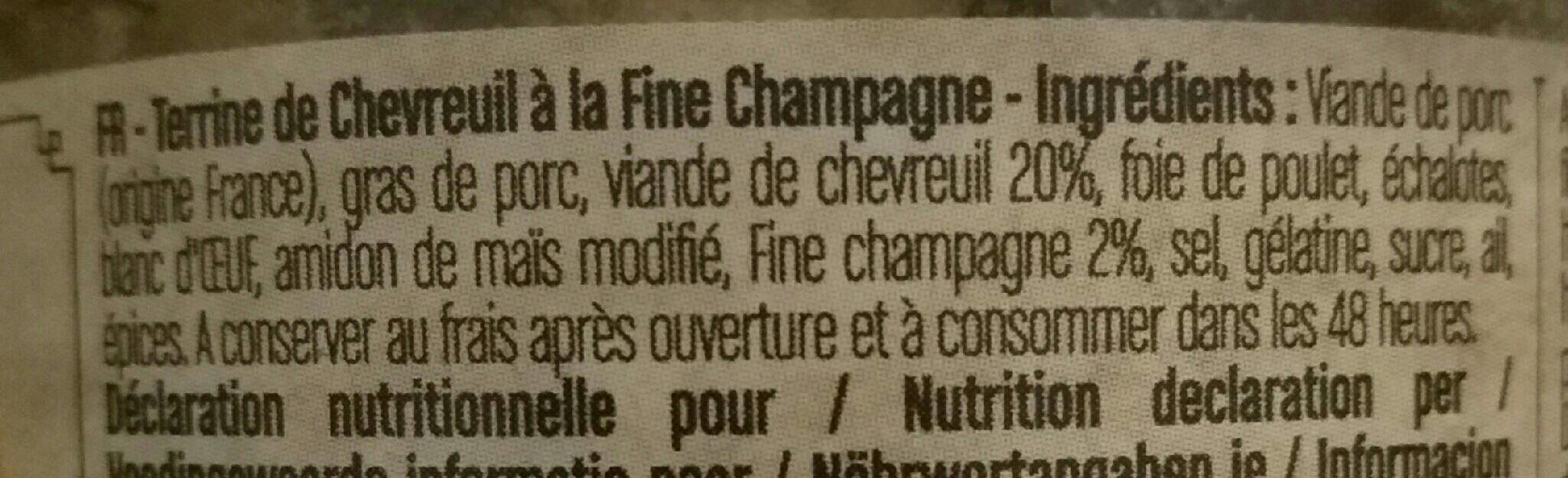 Terrine chevreuil à la fine champagne - Tableau nutritionnel