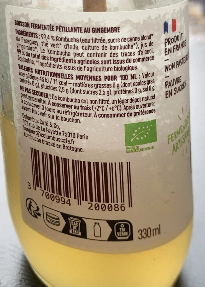 Kombucha gingembre - Nutrition facts - fr