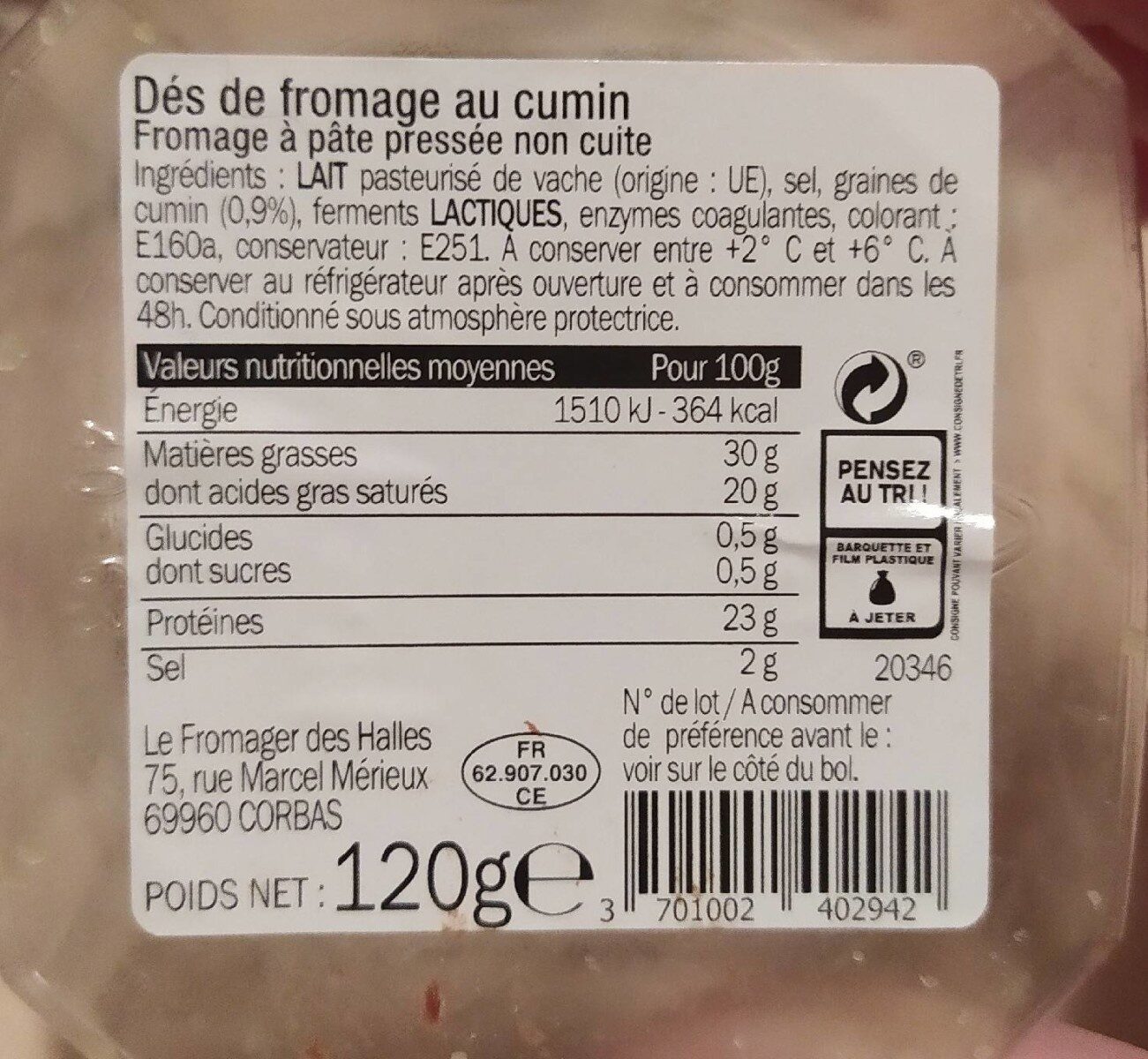 Cubes de fromage au cumin 120 g - Näringsfakta - fr