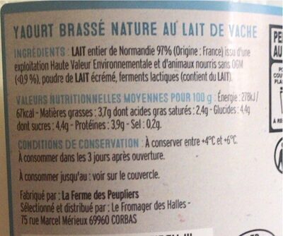 Yaourt fermier brassé au lair entier naturel - Nutrition facts - fr